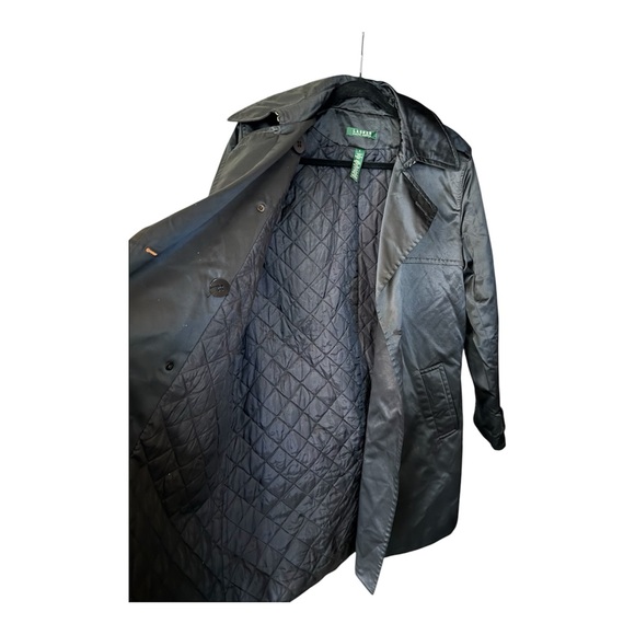 Lauren Ralph Lauren Black Satin Trench Coat L Minimalist Chic Parisian Classic - Picture 6 of 9